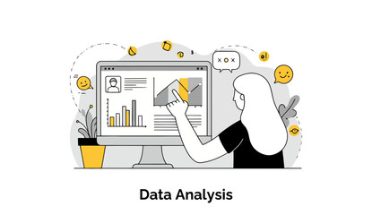 Fototapete - A female data analyst in a black shirt points at a computer screen displaying graphs and charts in an office setting.