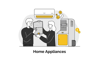 Poster - Young adults inspecting home appliance filters in a store. Two people examine air conditioner filters in a home appliance store.