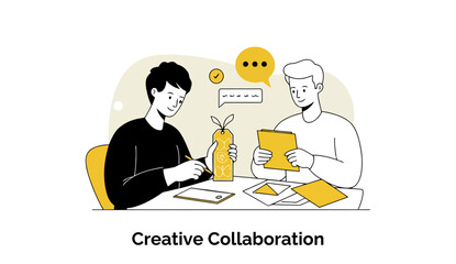 Poster - Young adult male creative professionals collaboratively designing a project at a modern office workspace. Two colleagues engaged in creative discussion and design work, reviewing project materials.