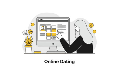 Woman using online dating website at a home office. Woman in black clothing browses profiles on a computer screen with profiles highlighted. Adult woman online dating at home.