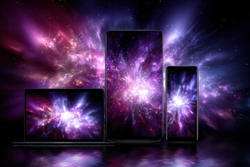 Poster - Cosmic display on multiple devices showcasing vibrant galactic formation