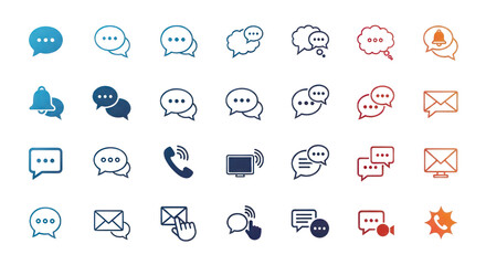 Poster - Pixelated Communication Icon Collection With Speech Bubbles Email And Call Symbols Against A Dark Background Isolated Transparent Background