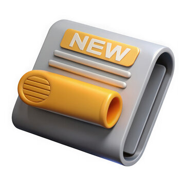 3d illustration of a stylized newspaper with a prominent yellow new tag and a cylindrical element isolated on transparent background