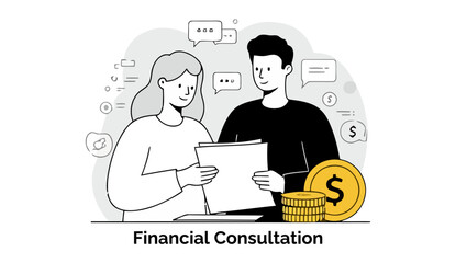 Poster - A woman and man in casual wear, engaged in a financial consultation, reviewing documents, in a modern office setting. Adult professionals collaborating on financial planning at a consultation.