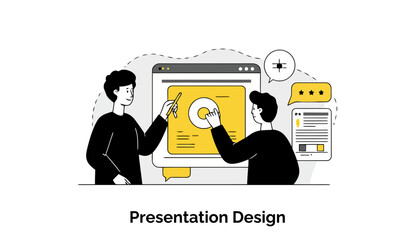 Poster - Two young adults in business casual attire collaborating on a presentation design in a modern office setting.