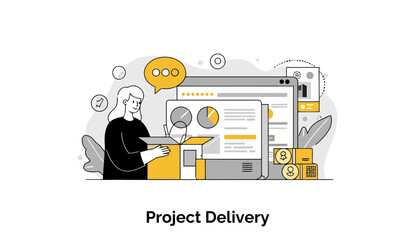 Poster - A focused female professional, elegantly dressed in a simple black top, is meticulously coordinating the final stages of a project delivery, sitting at a spacious desk surrounded by monitors.