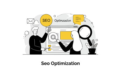 Poster - SEO Optimization process with two diverse professionals in a digital workplace. Individuals actively engaging with a computer screen and web content.