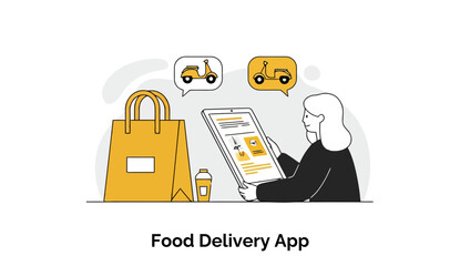 Poster - Female food delivery worker using a tablet to manage orders in a modern office environment. Viewing a digital order list with food delivery app interface details, preparing for pick up.