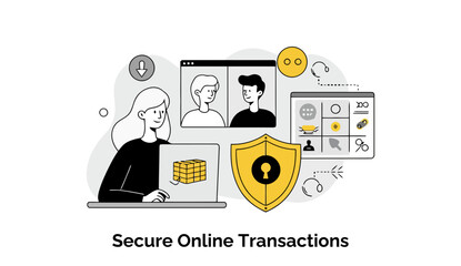 Poster - Female user interacting with secure online transactions with video conferencing and inventory management interfaces in a modern setting.