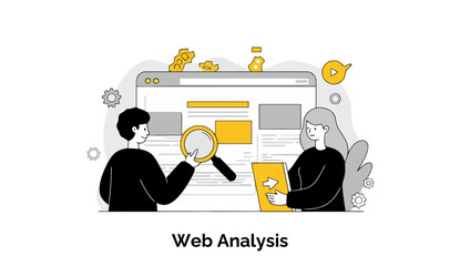 Poster - A team of young, focused professionals gathers around a large monitor in a contemporary office, analyzing complex web traffic data and user engagement metrics on a dashboard.