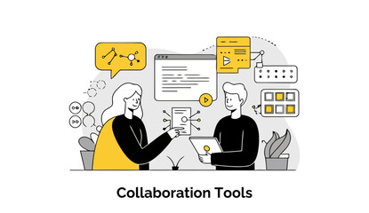 Poster - Young professionals in casual wear collaborate using digital tools in a modern office setting. Two colleagues share a document and interact with various digital tools.