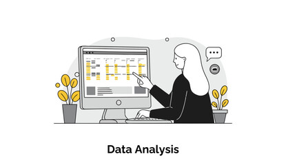 Fototapete - Female professional in business attire analyzing data on a computer in an office setting. Woman points at computer screen with data visualization, home office background.