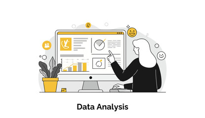 Fototapete - Female data analyst reviewing data on computer screen in office setting. Pointing at data visualization with focused expression.