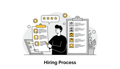 Poster - Young adult male reviewing candidate applications in office setting. Analyzing resumes and evaluating potential hires in a modern office environment.