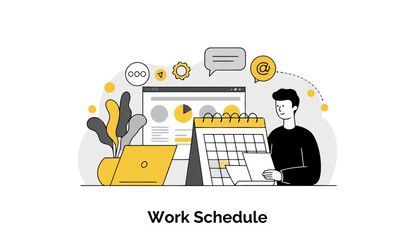Poster - Young adult male in casual attire reviewing a work schedule at a home office. A young professional meticulously planning his work schedule at home.