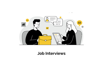 Poster - Job Interview of a young adult male and female candidate in a professional office setting. Two people engage in a job interview session, sharing documents and reviewing application information.