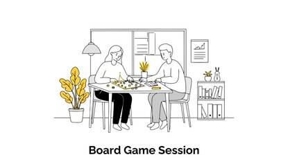 Poster - Young adults in casual attire engaged in a board game session in a modern office setting. Two colleagues intently playing a board game at a desk in a shared workspace.