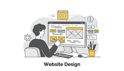 Poster - A young adult web designer is carefully examining the grid and layout of a new website design on a large computer monitor in a bright and modern office environment.
