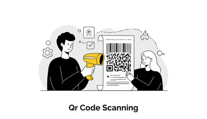 Poster - Young adults scanning a QR code on a document. Two individuals, one male and one female, are engaged in scanning a QR code on a document with a handheld scanner.