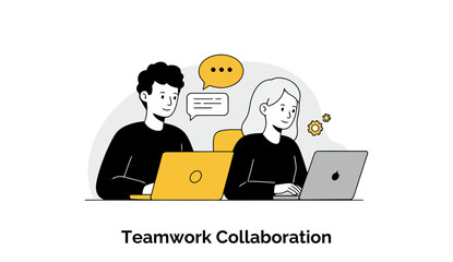 Poster - Young adults in black sweaters collaborating on laptops in a modern office setting. Engaged in conversation, they are focused on a project in a professional, light-filled office space.