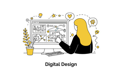 Poster - Female digital designer reviewing design concepts on a computer screen in an office setting. Focused, creative professional working on digital design projects in a modern workspace.