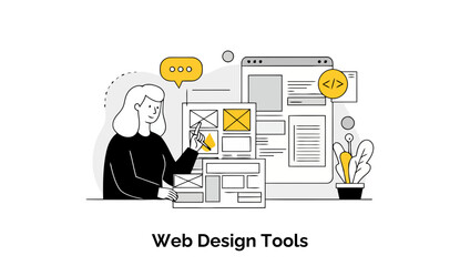 Poster - Female web designer in casual attire working on website mockups in a modern workspace. Demonstrates web design tools in a clean, simple, and organized illustration.