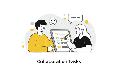Poster - Young adults in casual clothing collaborating on a checklist at a workplace. Two colleagues working together at a shared digital task list.