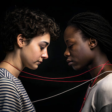 two people connected by invisible strings of emot