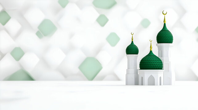 A minimalist vector design of the crescent and star with a backdrop of green and white geometric shapes