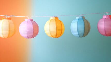 Wall Mural - Vibrant paper lanterns in pastel colors hang decoratively against colorful backdrop