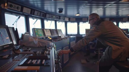 Poster - High tech ship bridge showcasing multiple navigation screens and control panels. Crew members operate sophisticated equipment, ensuring precise maritime navigation and vessel safety