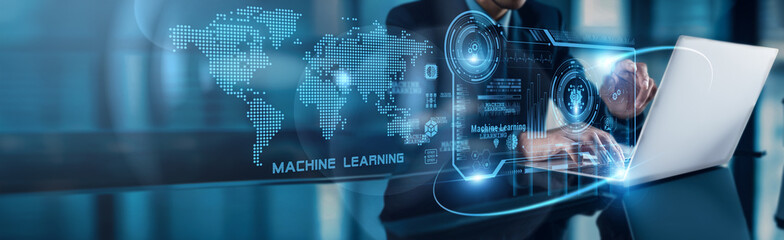 Poster - A businessman uses his laptop to analyze machine learning data, observing predictive analytics growth on the global network, optimizing operations, and enhancing decision-making capabilities.