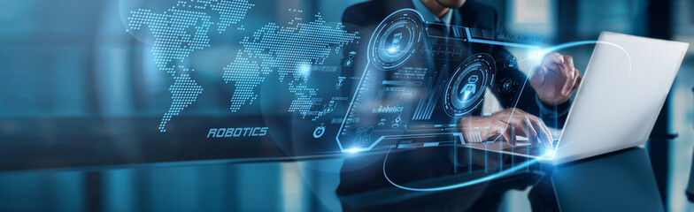 Poster - A businessman uses his laptop to analyze Robotics industry growth, observing automation's impact on the global network, driving innovation and expanding manufacturing capabilities.