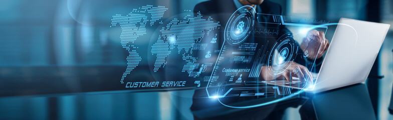 Poster - Businessman using laptop with analysis data of Customer service performance growth to expand on global network efficiency, engagement, satisfaction, feedback,, communication, experience.