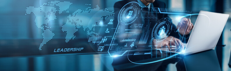 Poster - Businessman using laptop with analysis data of Leadership development growth to expand on global network performance, innovation, influence, collaboration, communication, success, empowerment.