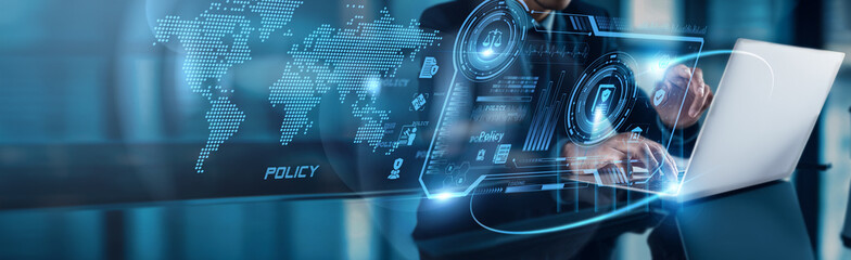 Poster - Businessman using laptop with analysis data of Policy implementation and compliance growth to on global network regulations, governance, adaptation, efficiency, transparency, strategy, transformation.