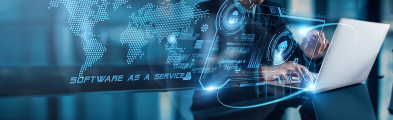 Poster - SaaS. A businessman using a laptop analyzes Software as a Service data, highlighting the global SaaS market's rapid growth driven by cloud adoption, remote work, and digital transformation.