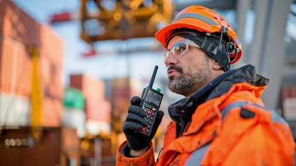Poster - Dock worker wearing safety equipment uses a walkie talkie to communicate, coordinating logistics and operations within a busy shipyard or port environment