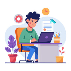 Poster - Young man working on a laptop at his desk with plants and clock