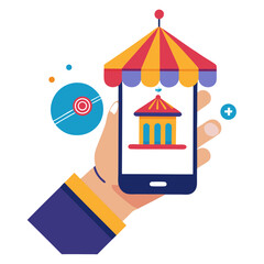 Poster - Hand holding smartphone displaying a building under a colorful tent