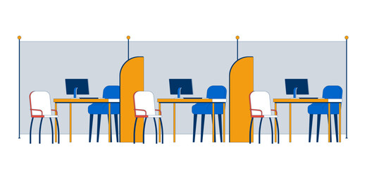 Aufkleber - Empty modern office workstations with dividers 2D vector illustration. Bank interior cubicles. Organized desks with chairs, computers flat scene isolated on white background. Colorful cartoon image