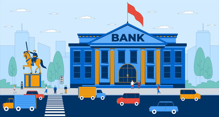 Aufkleber - City bank building with people and urban traffic flat illustration. Busy cityscape with financial district, pedestrians and cars 2D characters cartoon background. Colorful scene vector art image
