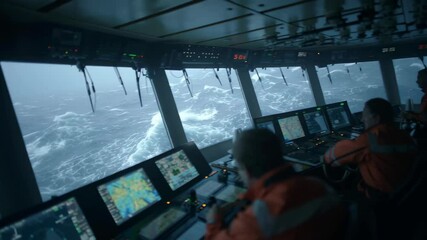 Aufkleber - Two ship officers are navigating a vessel through rough seas, monitoring digital displays and charts in the bridge control room during a challenging maritime journey