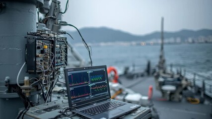 Poster - Electronic equipment operating on a warship at sea, featuring a laptop displaying charts and graphs, with a stunning coastline and majestic mountains visible on the horizon