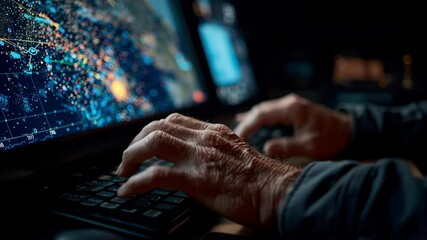 Aufkleber - Close up of wrinkled hands typing on a keyboard in a dimly lit room, large digital display featuring a complex map with colorful data points, indicating strategic planning