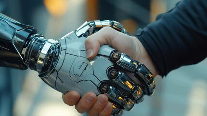 Aufkleber - A robot hand is shaking a human hand. The robot hand is white and silver, and the human hand is also white and silver. Concept of technology and human interaction