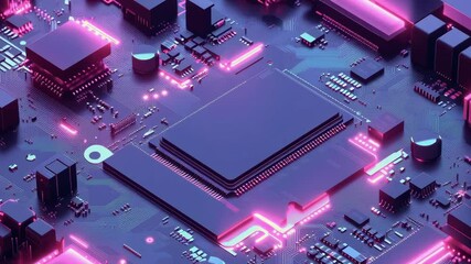 Aufkleber - A computer chip is shown in a purple and pink color scheme. The chip is surrounded by a variety of other electronic components, including a keyboard and a mouse. Concept of technology and innovation