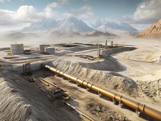 Poster - A modern industrial landscape featuring extensive pipelines, storage tanks, and mountainous terrain. The scene highlights the intersection of nature and technological advancement.