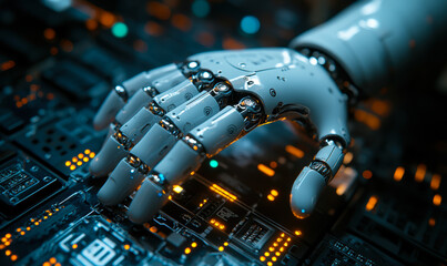 Poster - Close-up of futuristic robotic hand touching illuminated microchip circuit board with glowing electronic components in dark environment technology concept