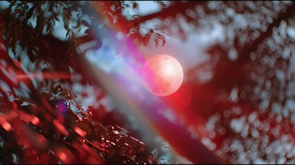 Poster - Stunning sunset blends with full moon in vibrant forest clearing
